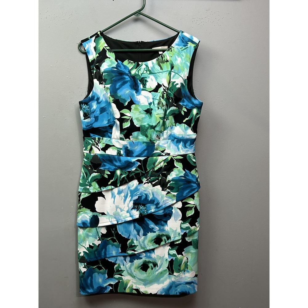 Signature Sabrina‎ Dress Womens 14 Blue Green Floral Sheath Sleeveless Lined Zip